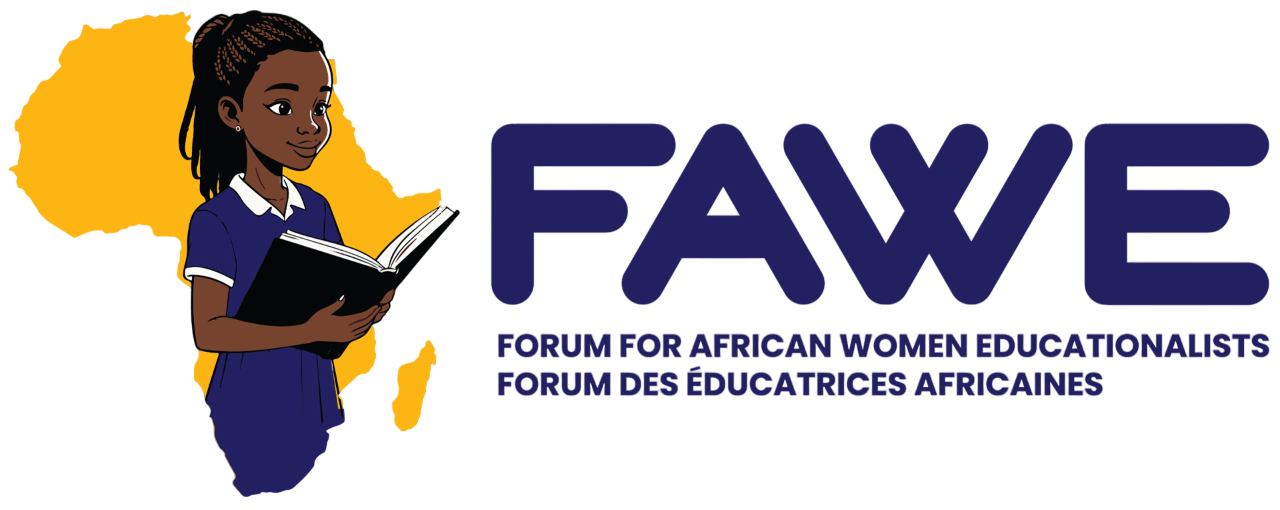 Illustration of a girl in a navy dress reading a book, with a yellow Africa silhouette behind her and the FAWE logo and slogan text beside her.