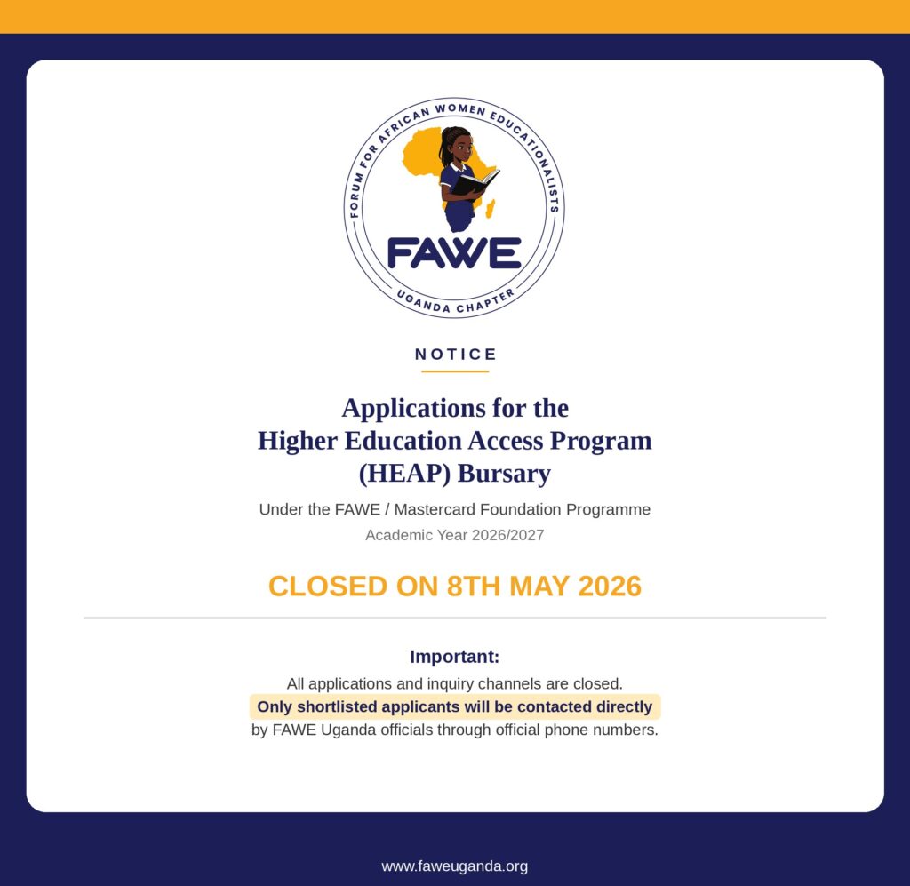 FAWE Uganda Chapter notice page showing the circular FAWE logo with a girl reading a book over Africa, and the heading 'NOTICE' about the HEAP bursary applications.