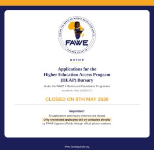 FAWE Uganda Chapter notice page showing the circular FAWE logo with a girl reading a book over Africa, and the heading 'NOTICE' about the HEAP bursary applications.