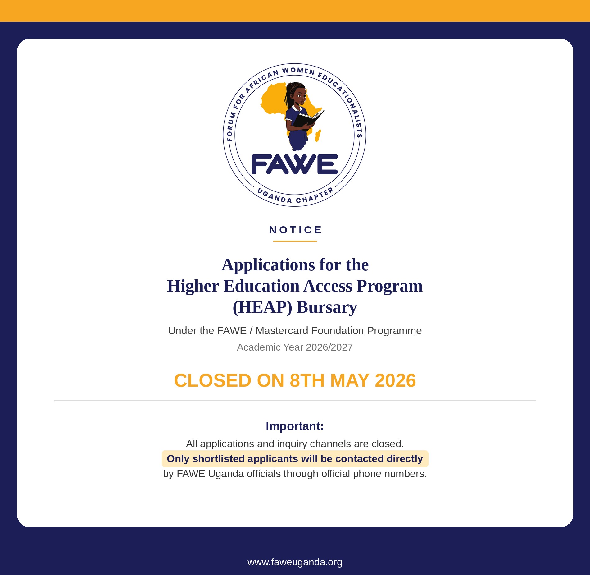 FAWE Uganda Chapter notice page showing the circular FAWE logo with a girl reading a book over Africa, and the heading 'NOTICE' about the HEAP bursary applications.